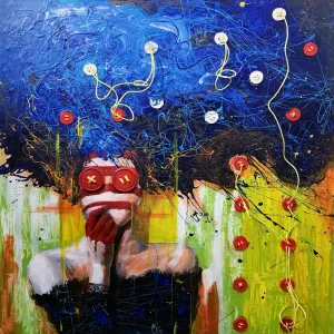 All Dressed Up by Michael Grills, Acrylic, Rope and Buttons on Panel, 60 x 60 inches or 152cm x 152cm