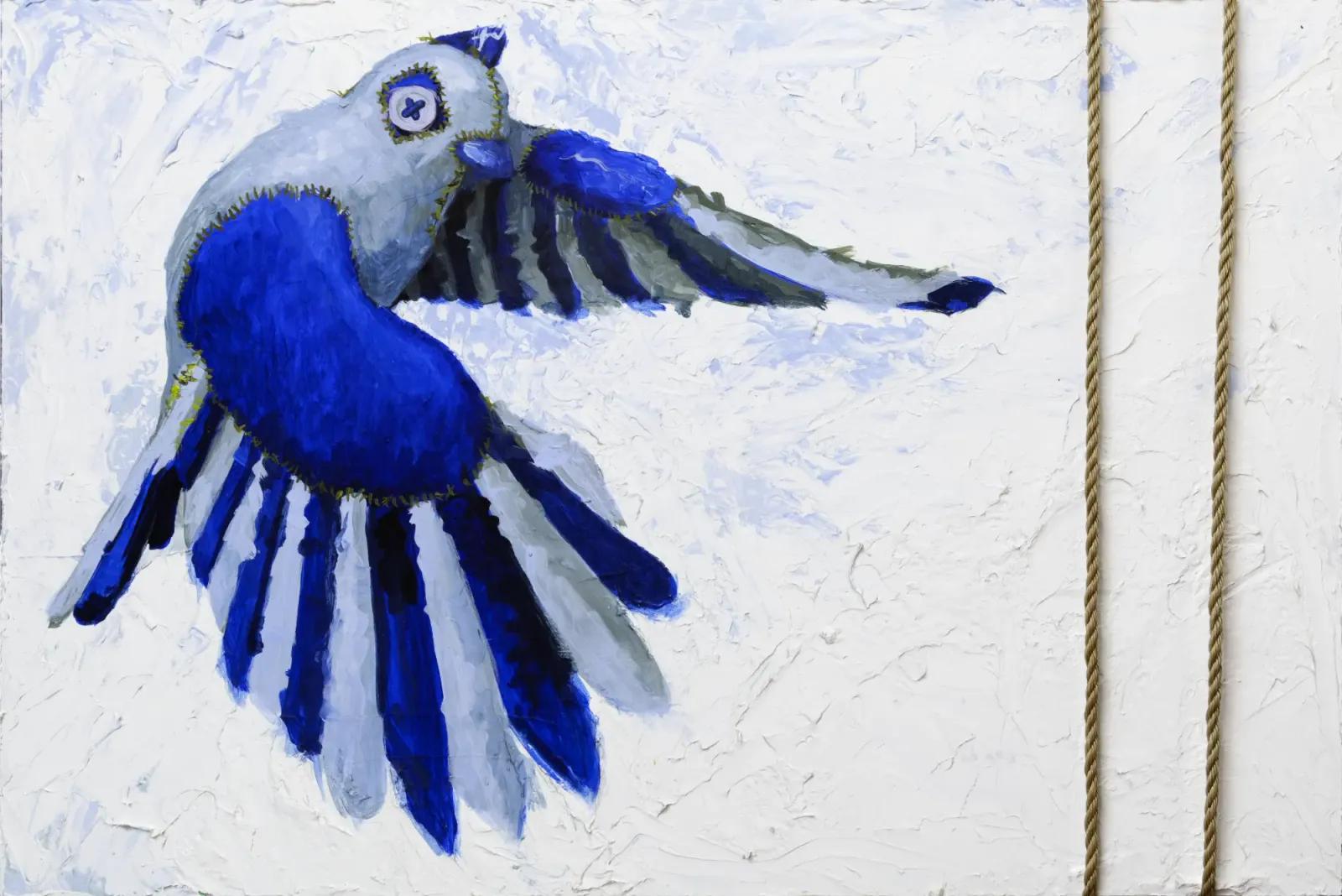Blue Bird on White Sky by Michael Grills, Acrylic and Rope On Panel, 36 x 24 inches or 91cm x 61cm