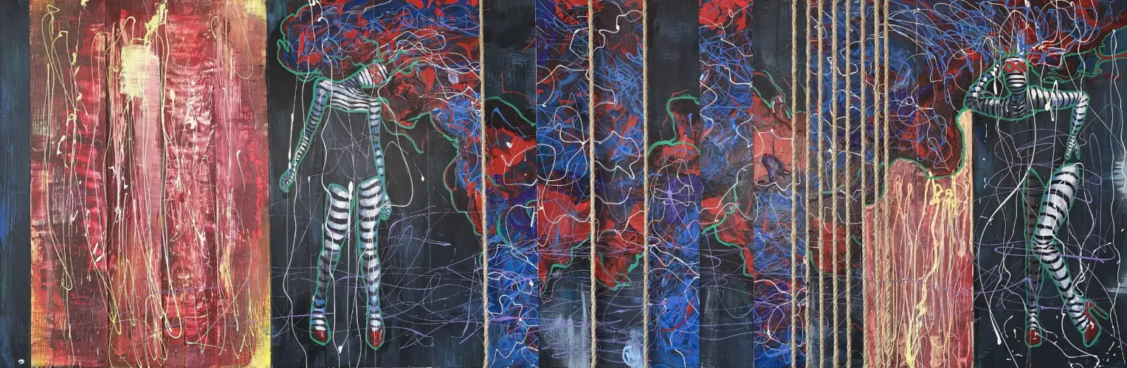 Dance Party by Michael Grills, Acrylic and Rope on Wood Panel, 72 x 12 inches or 183cm x 30cm