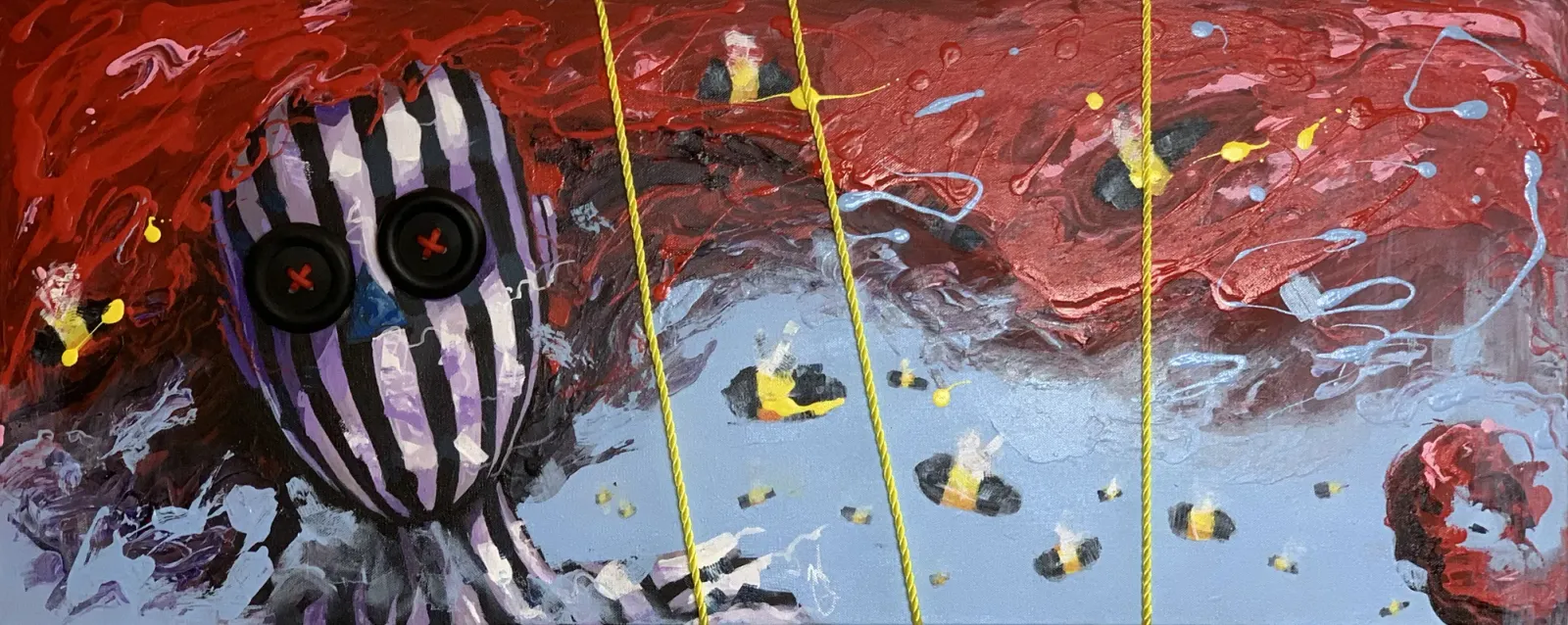 Spring Bees by Michael Grills, Acrylic, Rope and Buttons on Canvas, 40 x 16 inches or 102cm x 41cm